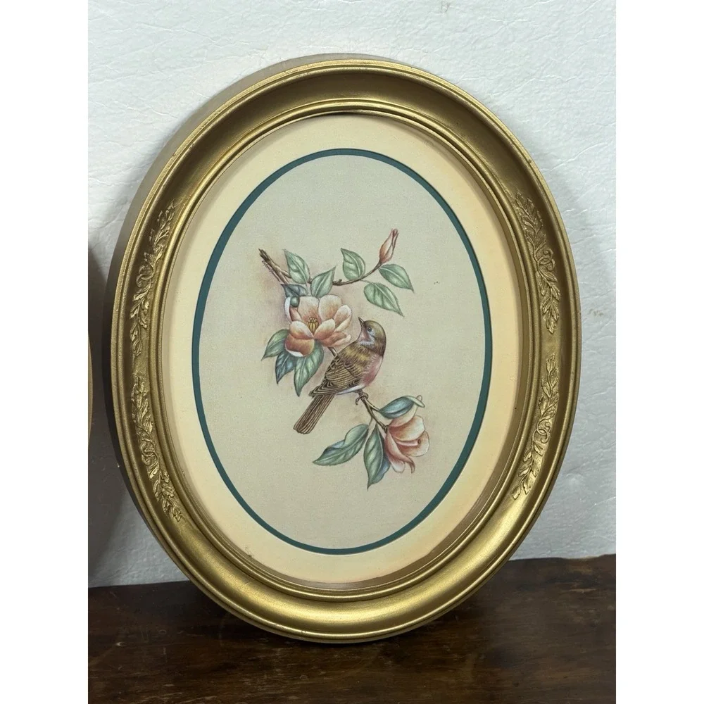 Vtg MCM 1983 Homco Home Interior Birds Grannycore Gold Oval Frame Pictures Set 2